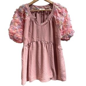 Umgee 3D Floral Applique Puff Sleeve Blouse Boho V-Neck‎ Peplum Pink NEW Large